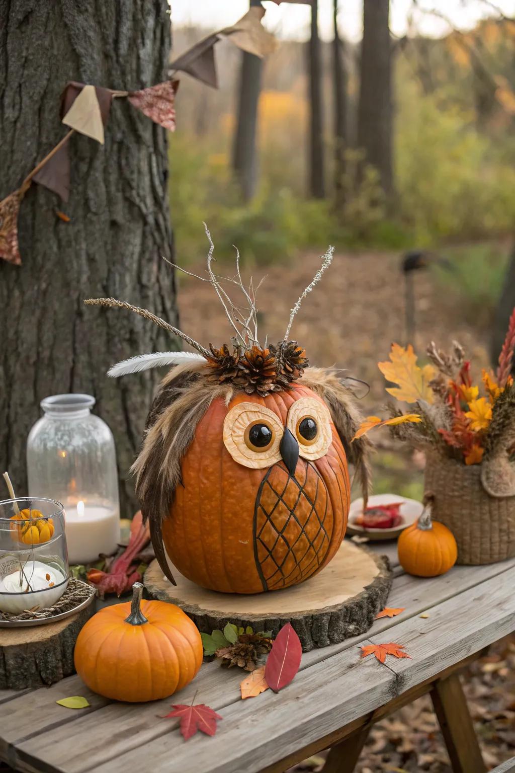 Embrace the wisdom of the forest with an owl-themed pumpkin.