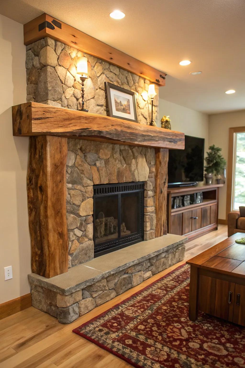 A living room featuring a natural face live edge mantel with distinctive wood grain.