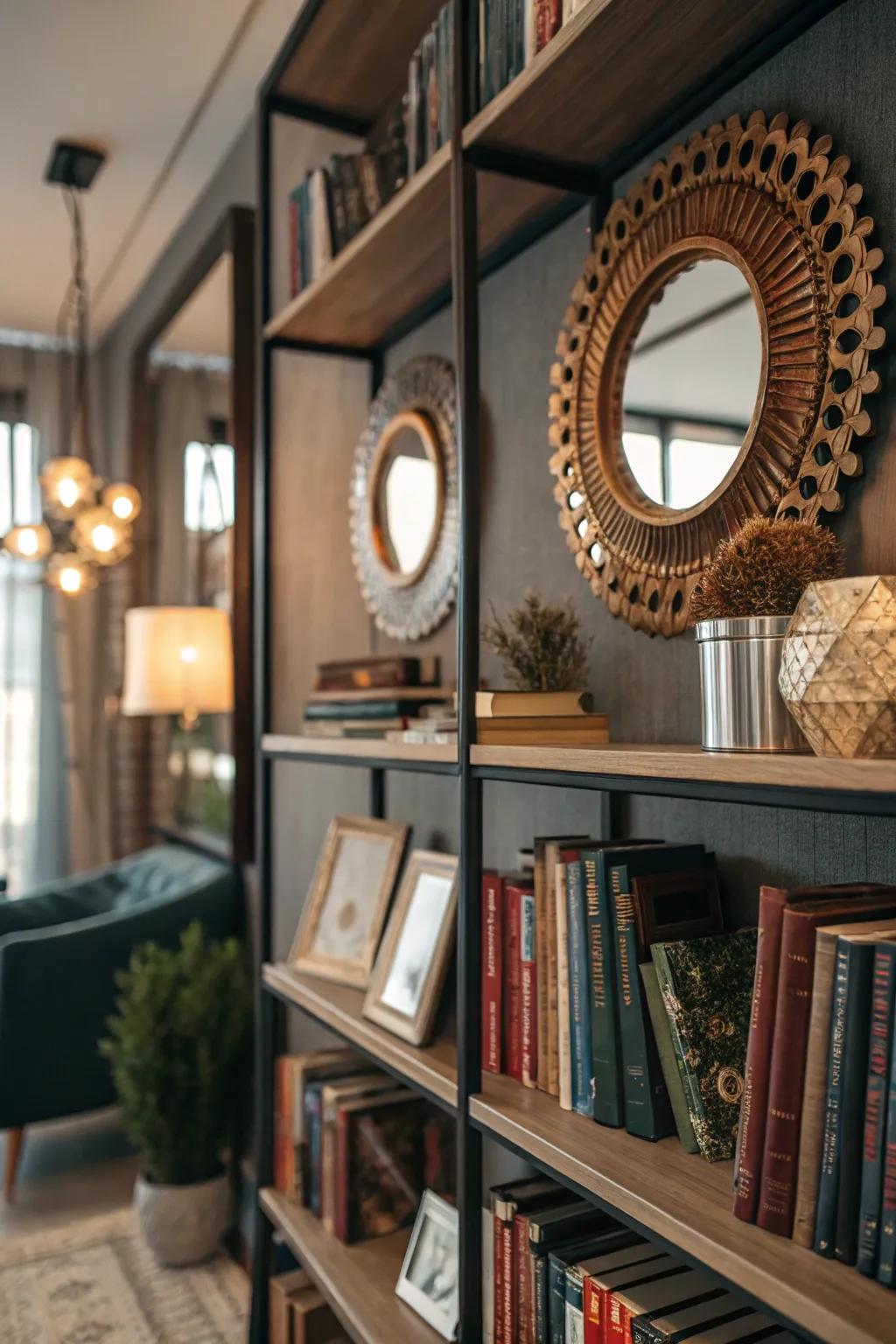 Mirrors add depth and reflect light on bookshelves.