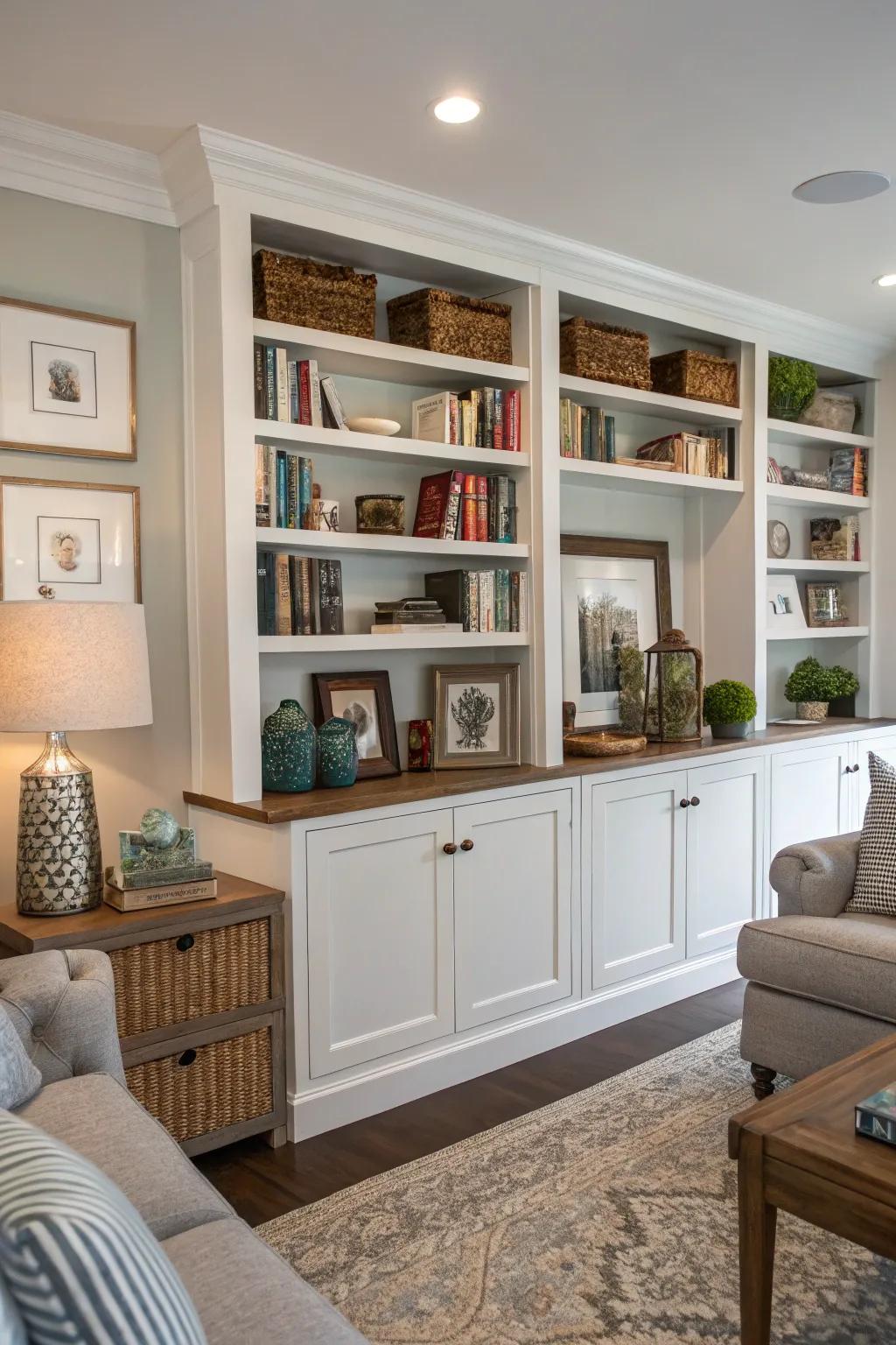 Built-in shelving offers style and functionality in your living room.