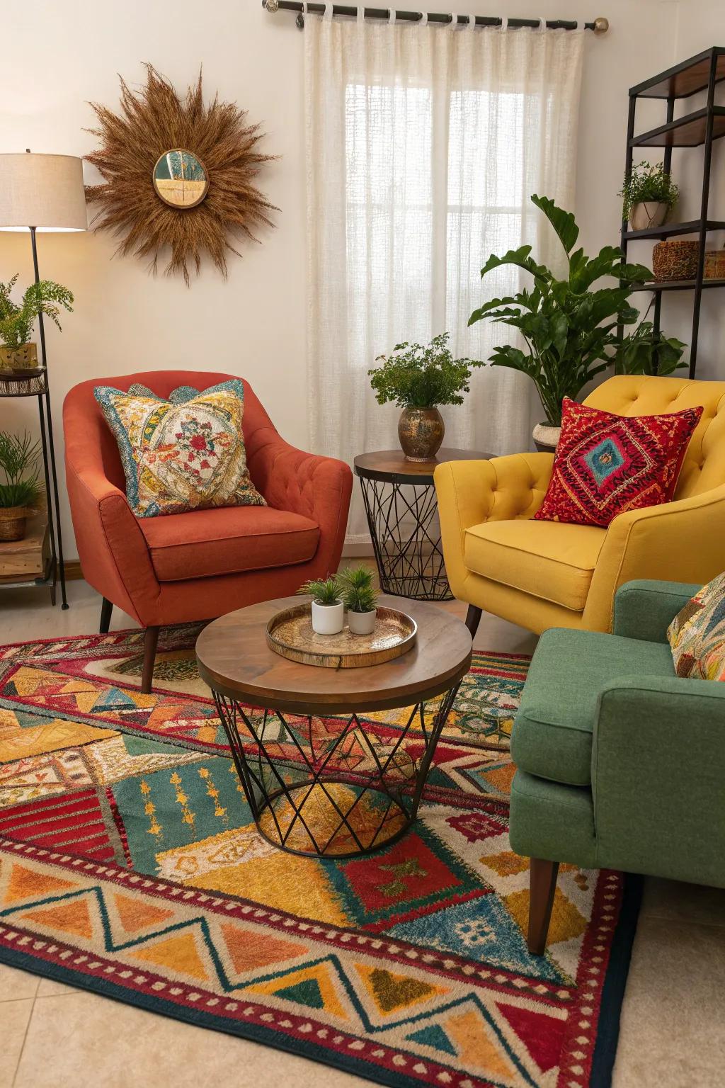 Accent chairs add symmetry and a pop of color to the room.