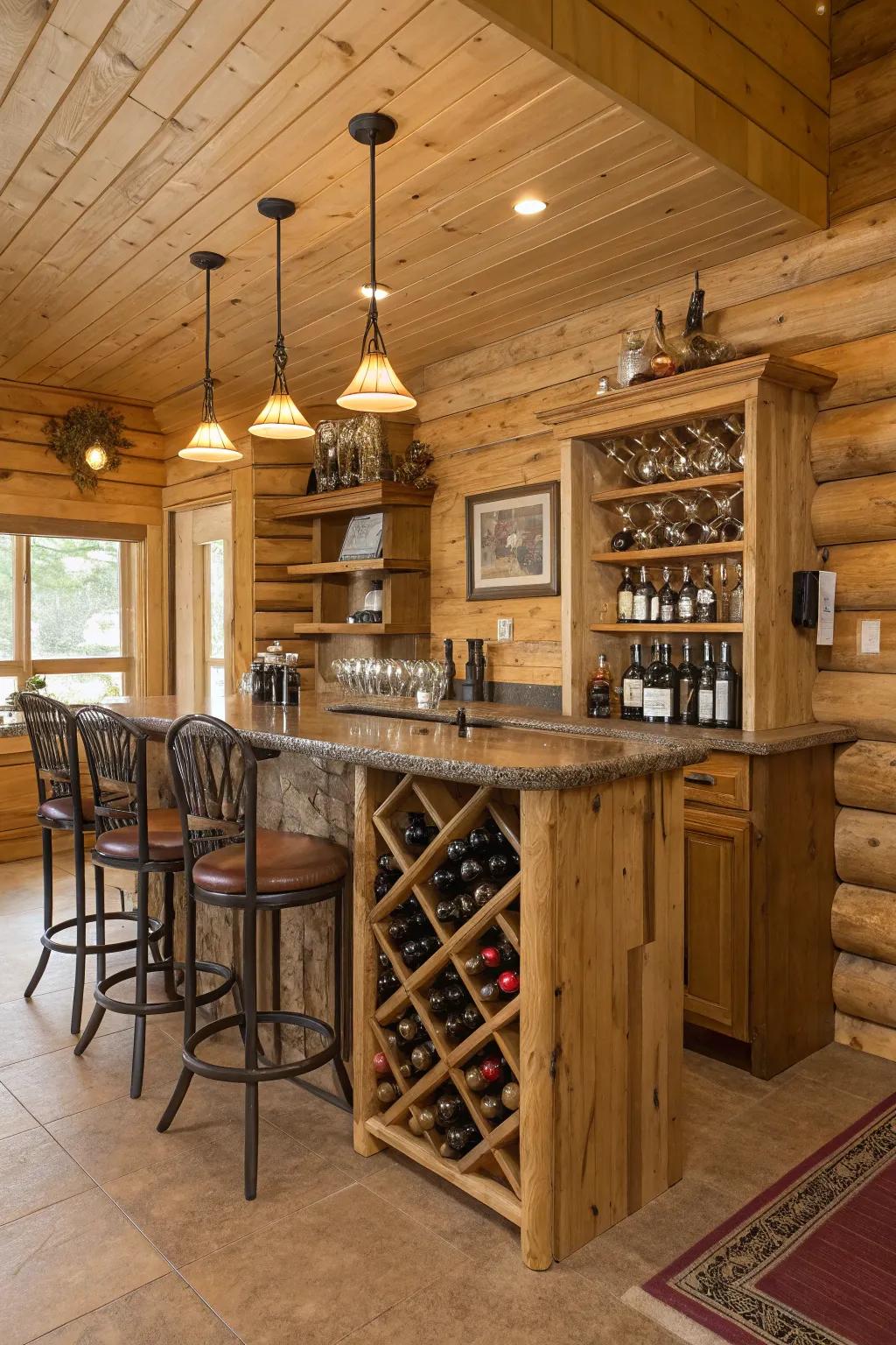 A wine rack adds sophistication and functionality to this log cabin bar.