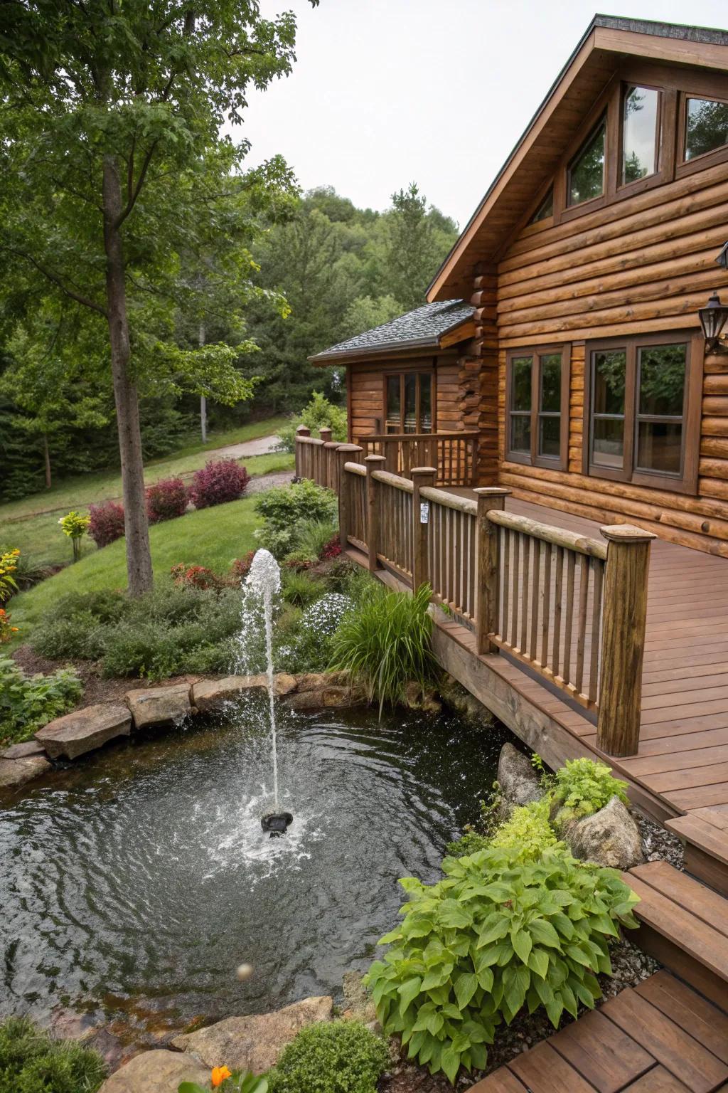 A serene log cabin deck complemented by a water feature.