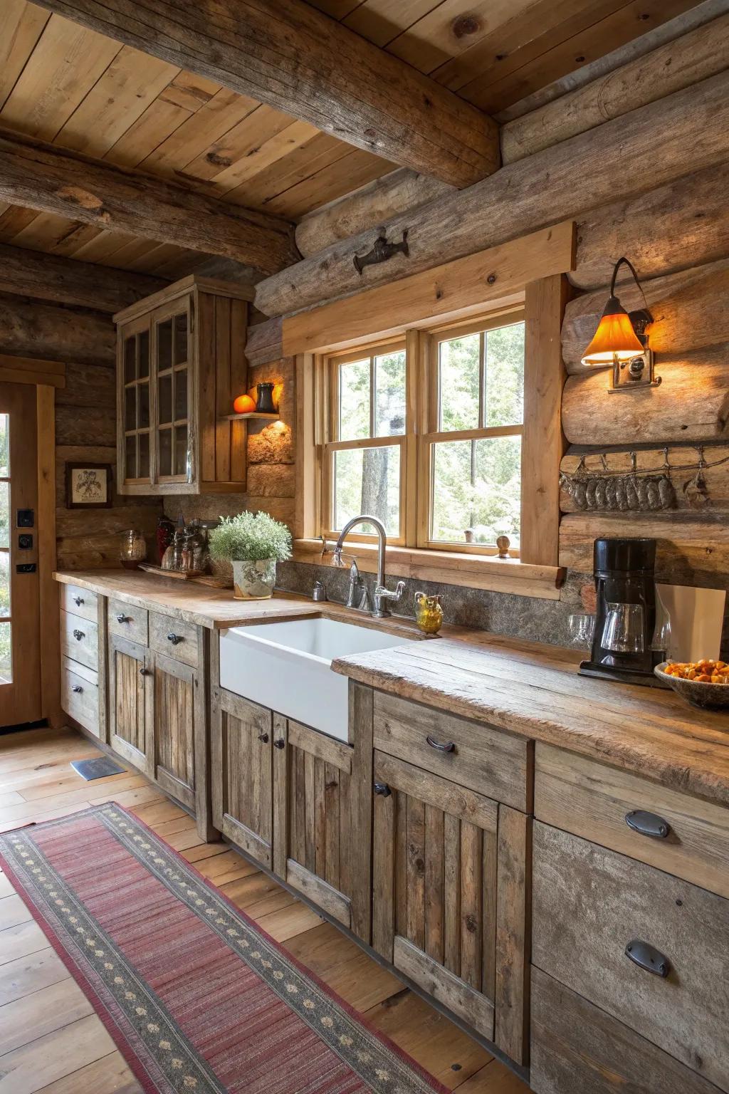 Reclaimed wood cabinetry adds history and character to this log cabin kitchen.