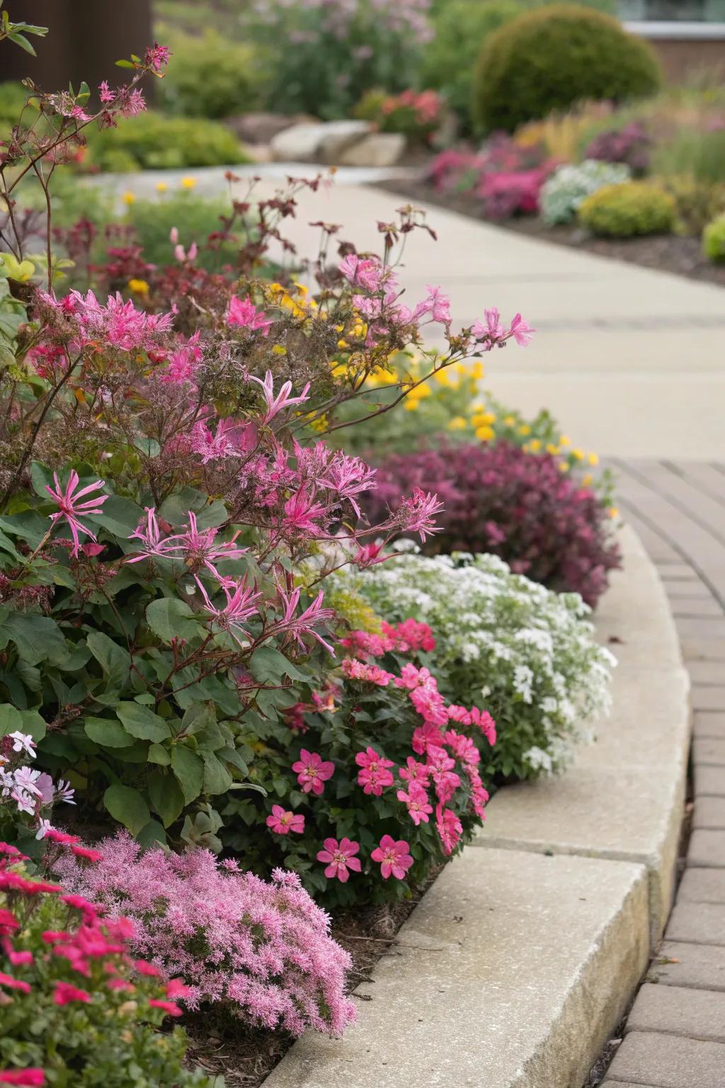 Create a lush tapestry by mixing loropetalum with perennials.