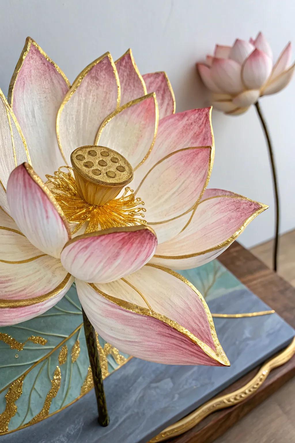 A sophisticated lotus painting with gold accents.