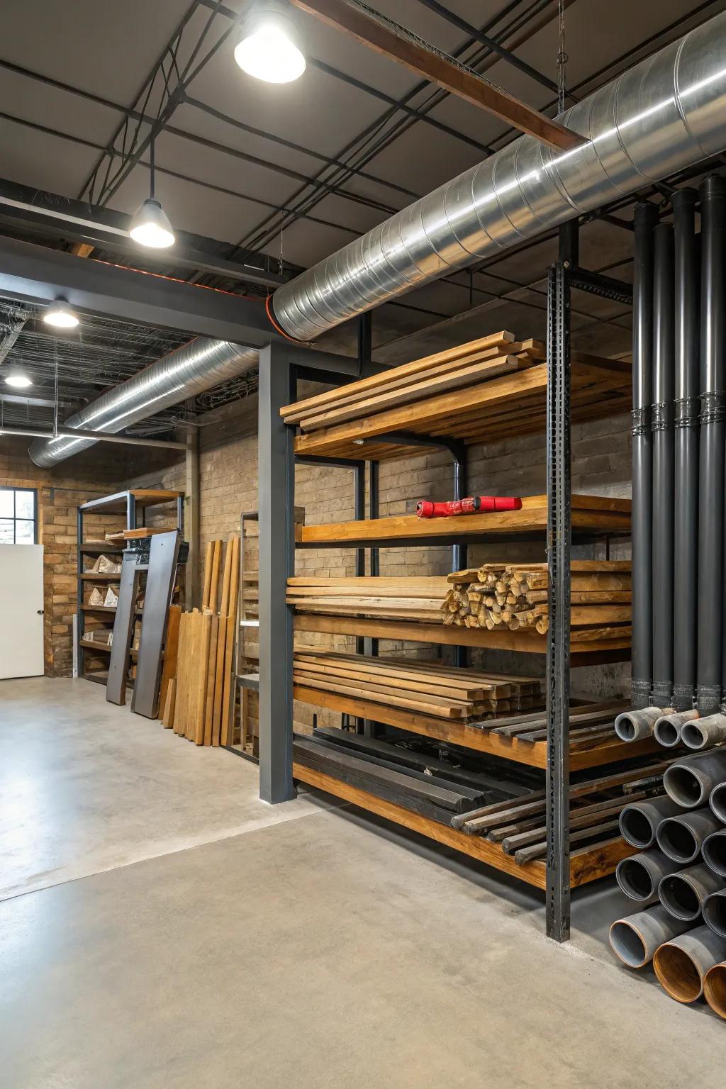 Pipe racks add an industrial flair to your lumber storage solutions.