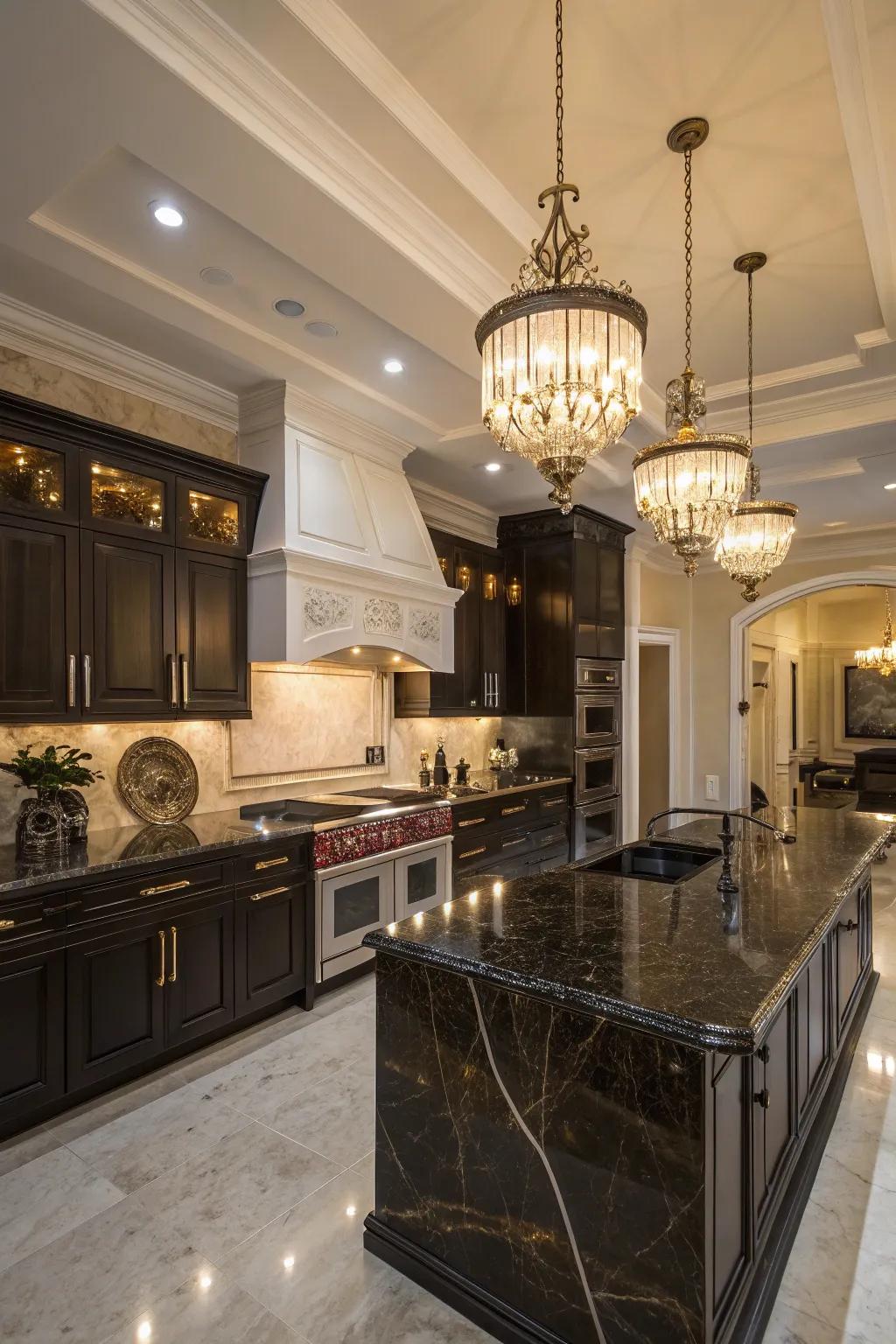 A luxurious kitchen featuring dark marble surfaces.