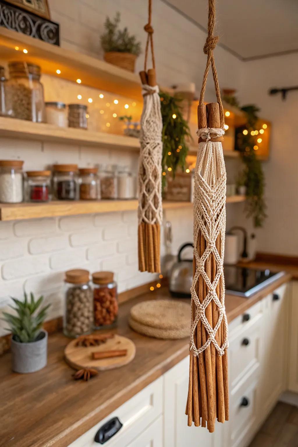 Combine scent and style with macrame cinnamon stick ornaments.