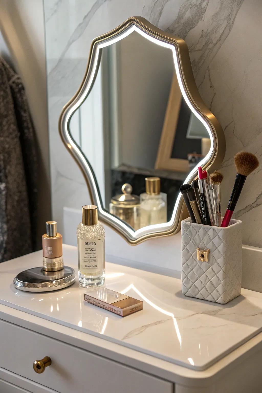 A distinctive mirror adds personality to your vanity.