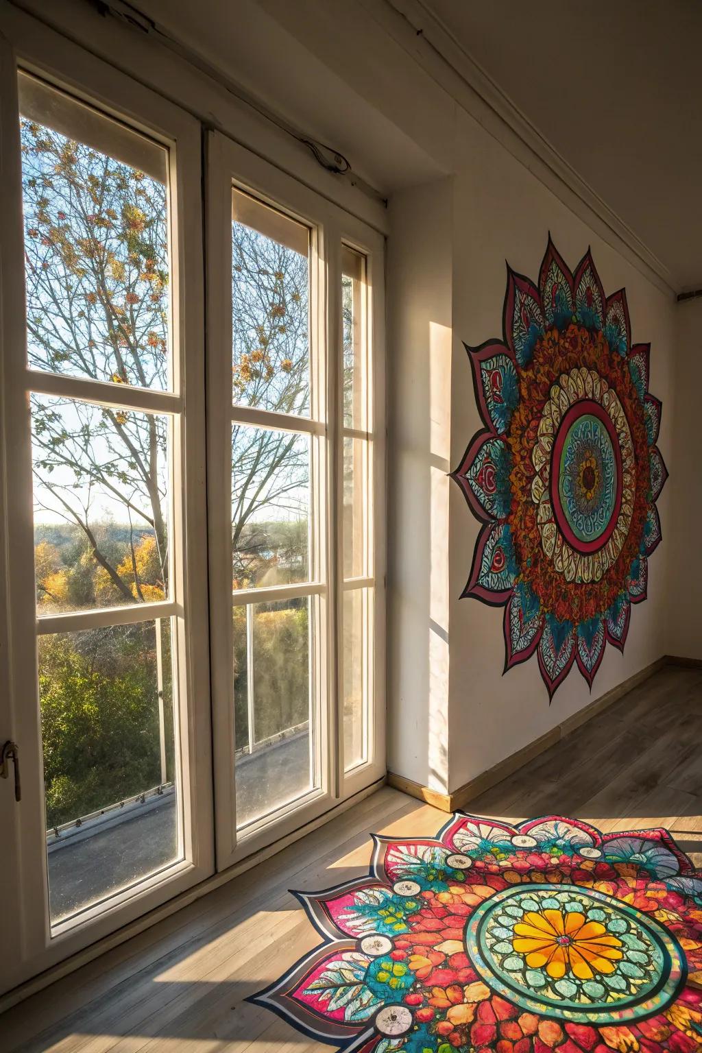 Mandala window art adds color and charm to your windows.