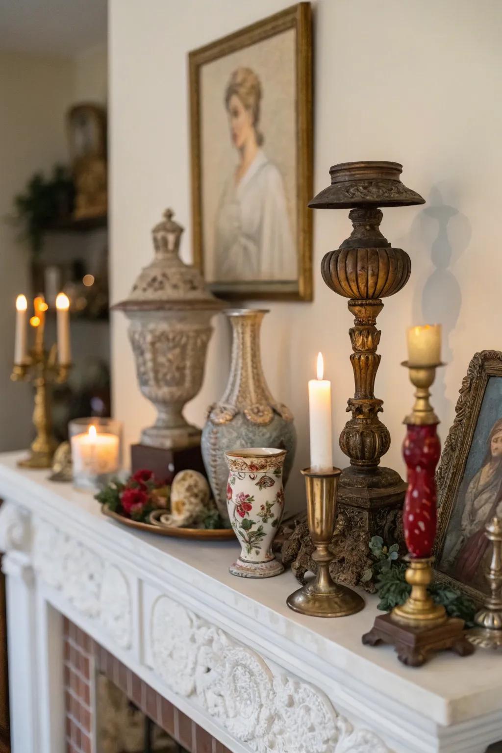 A mantel adorned with antique decorative items.