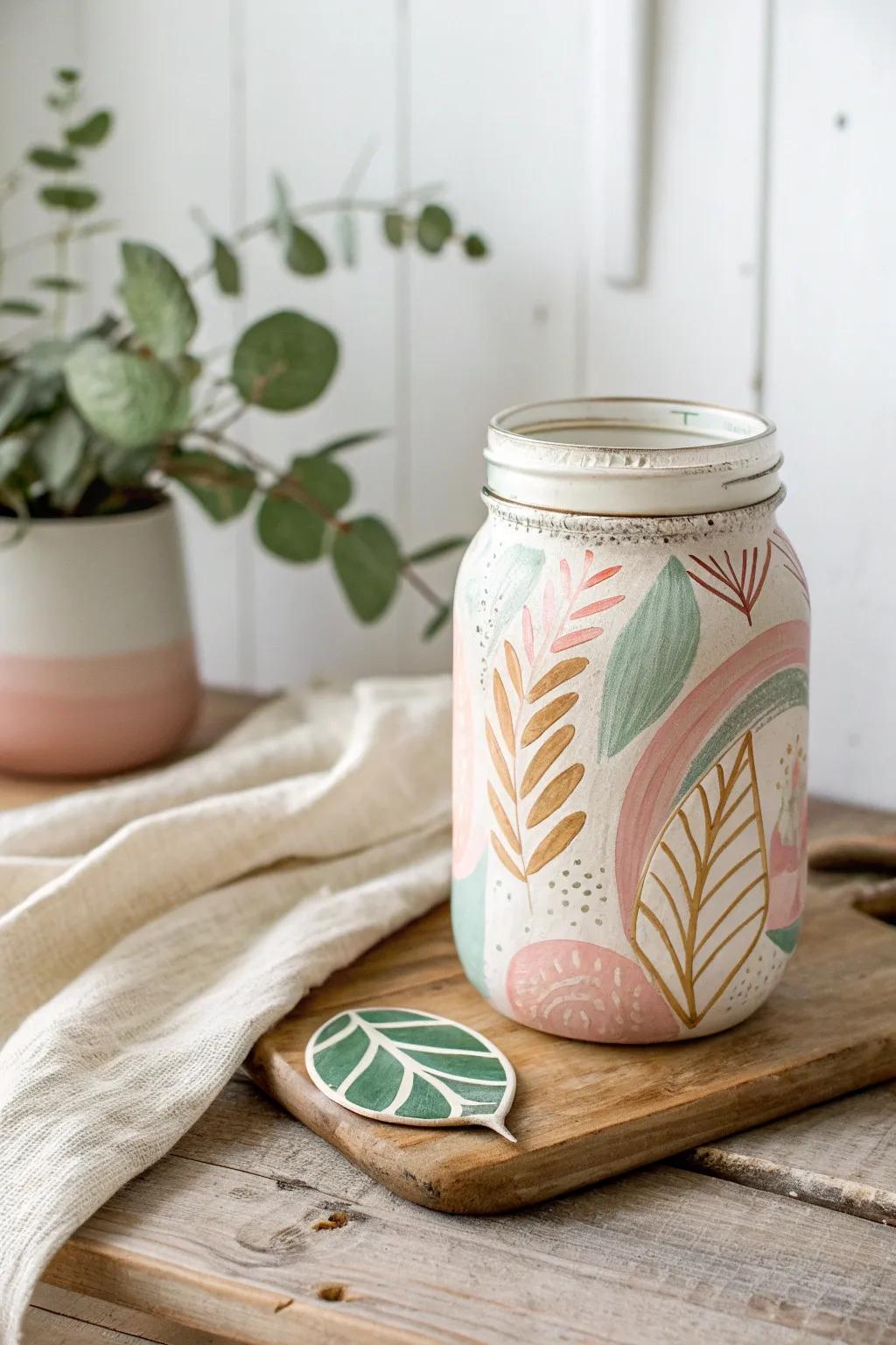 Transform your mason jar into a piece of abstract art with delicate brush techniques and soothing pastel hues.