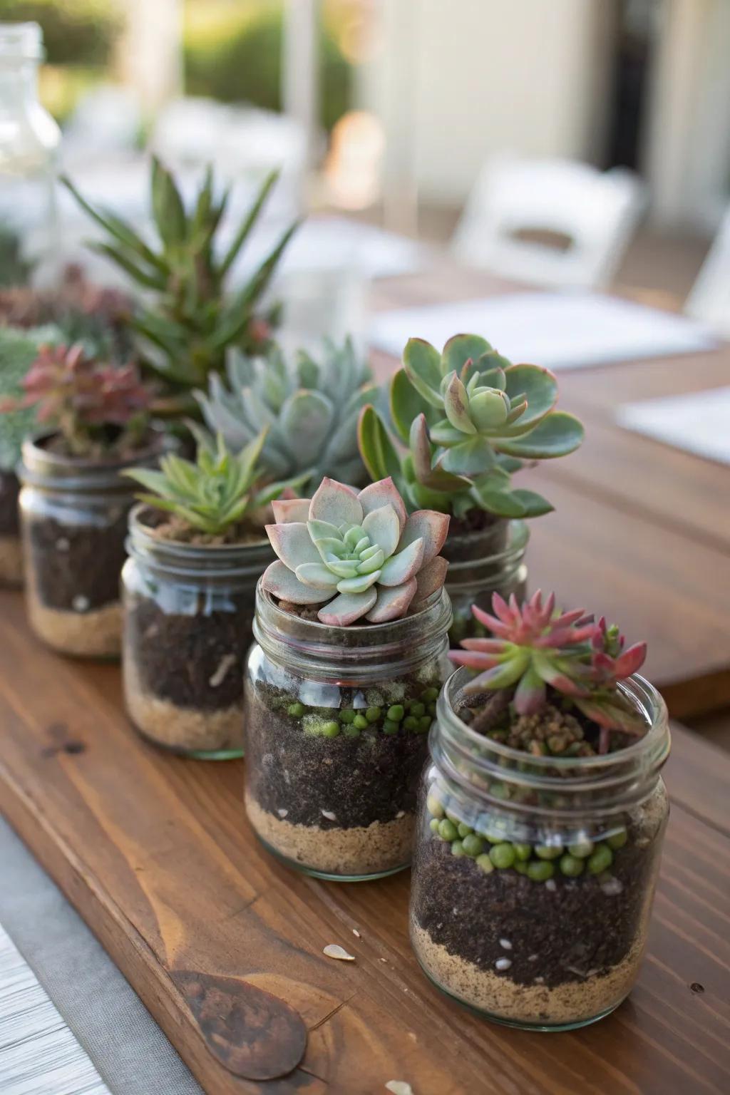 Mini succulent gardens in mason jars provide a green and sustainable decor.