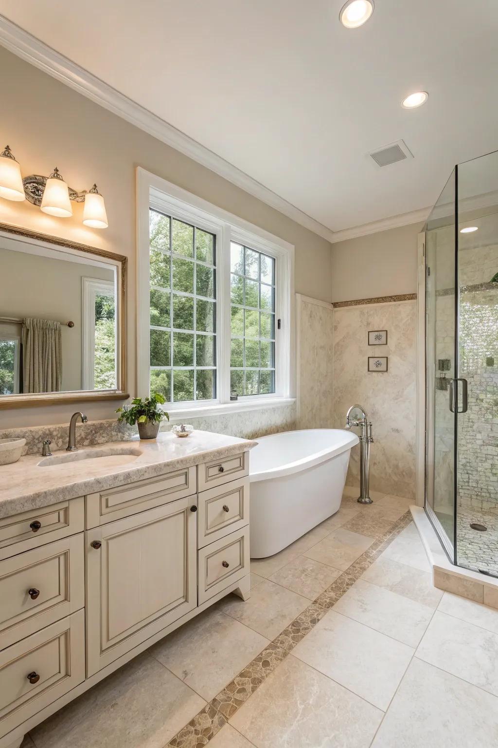 A neutral color palette creates a serene and timeless atmosphere in this bathroom.