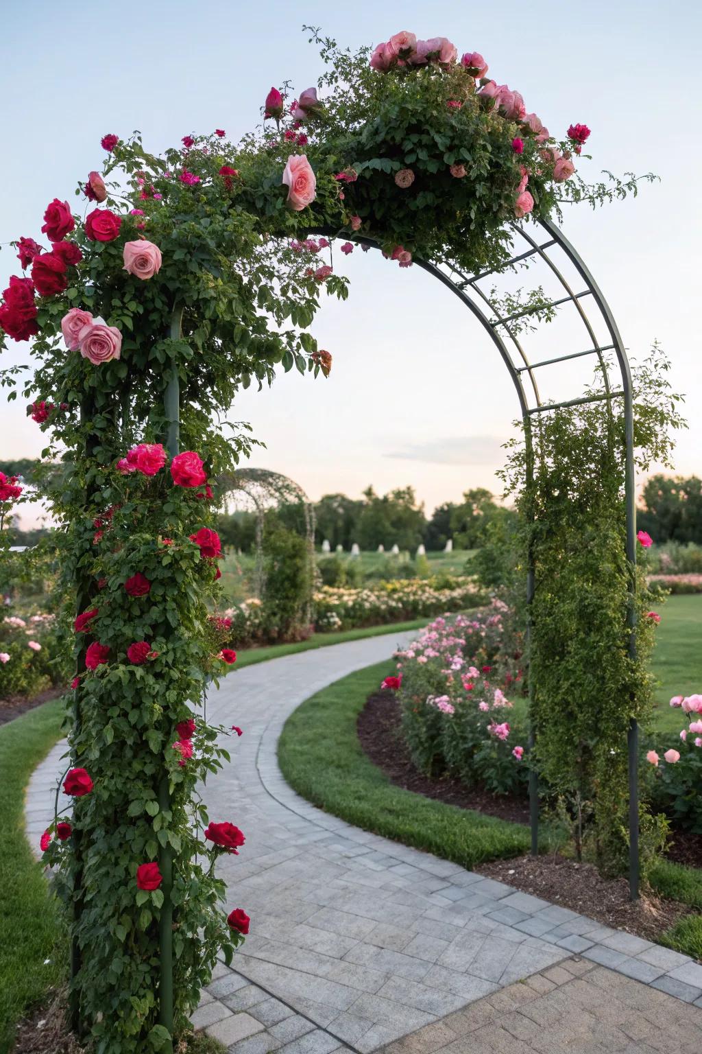 A garden archway adorned with climbing roses welcomes visitors.