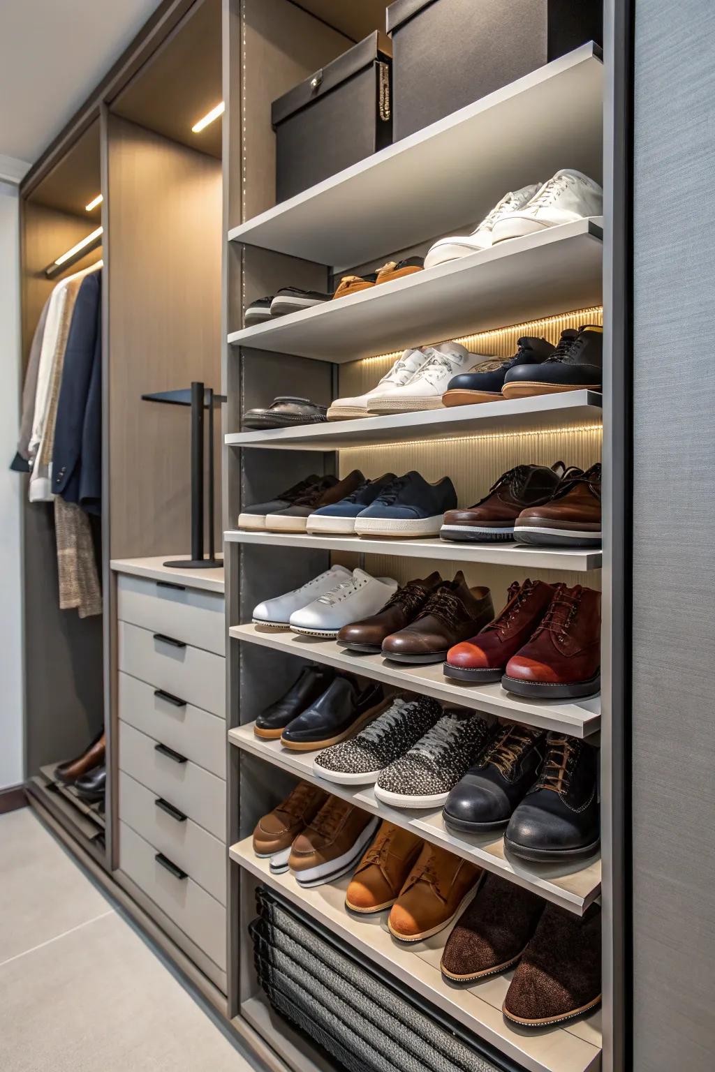 Tiered racks efficiently use vertical space for shoe storage.