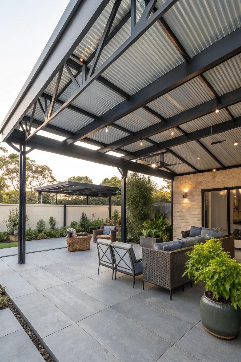 Exposed beams under a metal roof create an industrial chic vibe for this modern patio.