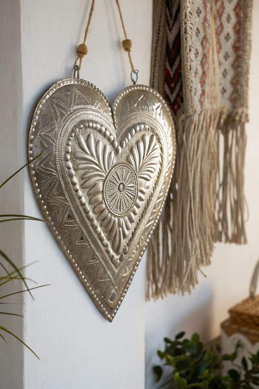Embrace the rustic charm of Mexican folk art with this stunning tin heart wall hanging, a perfect blend of craftsmanship and minimalist elegance.
