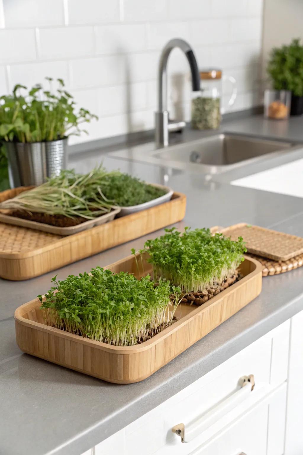 Eco-friendly bamboo trays add a natural touch to your microgreen display.