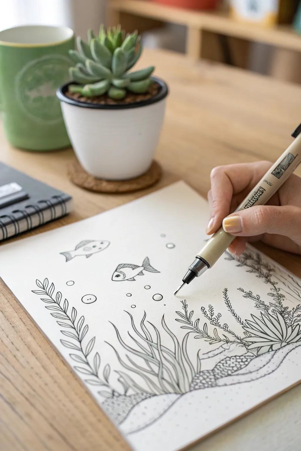Dive into creativity with serene underwater landscapes crafted by a micron pen, where simplicity meets natural beauty.