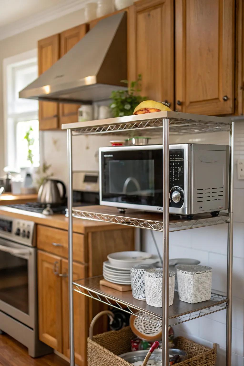 A modern metallic shelf for a sleek microwave setup.