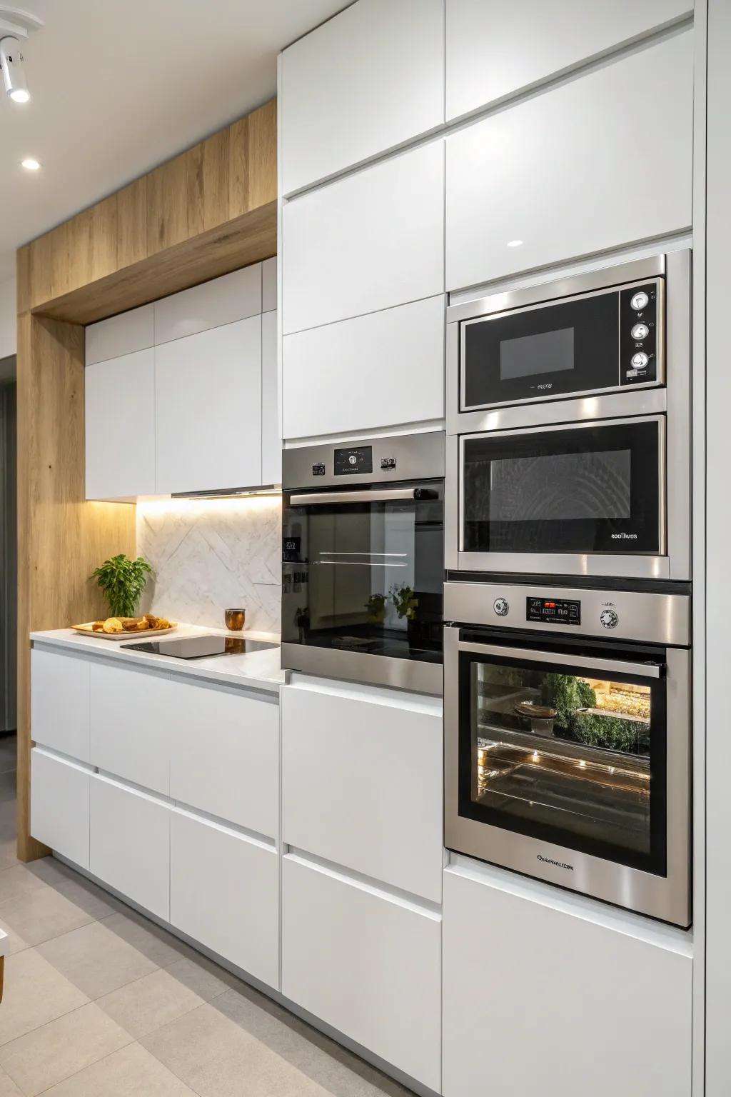 A combined microwave and wall oven setup offers a polished, cohesive look.