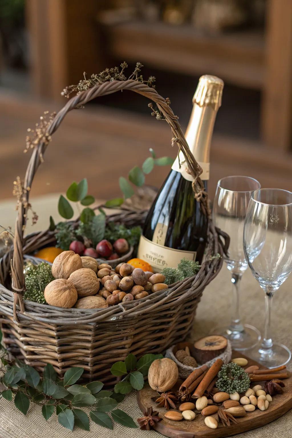 Nuts for you basket with a variety of gourmet snacks.