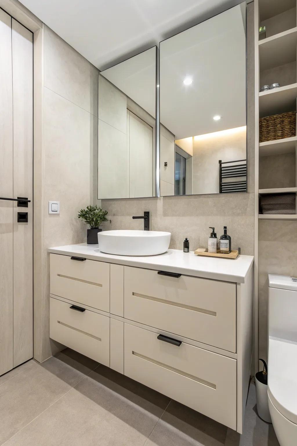 A minimalist bathroom with sleek hidden hardware.