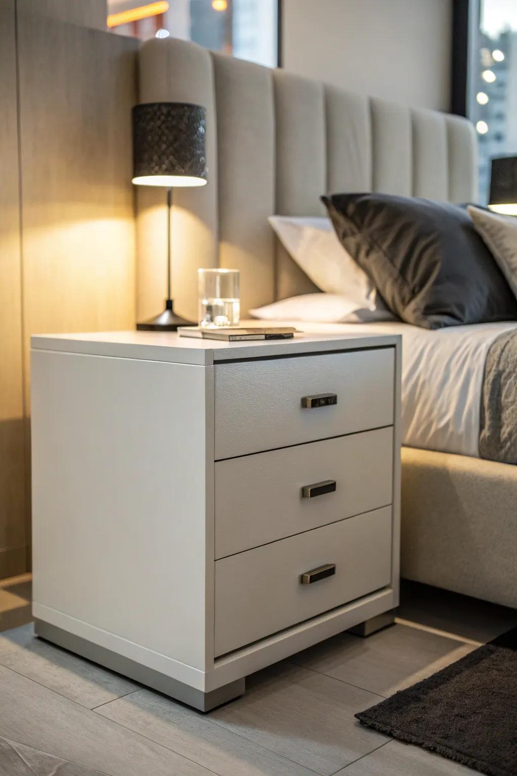 Drawers provide hidden storage, keeping the nightstand surface tidy.