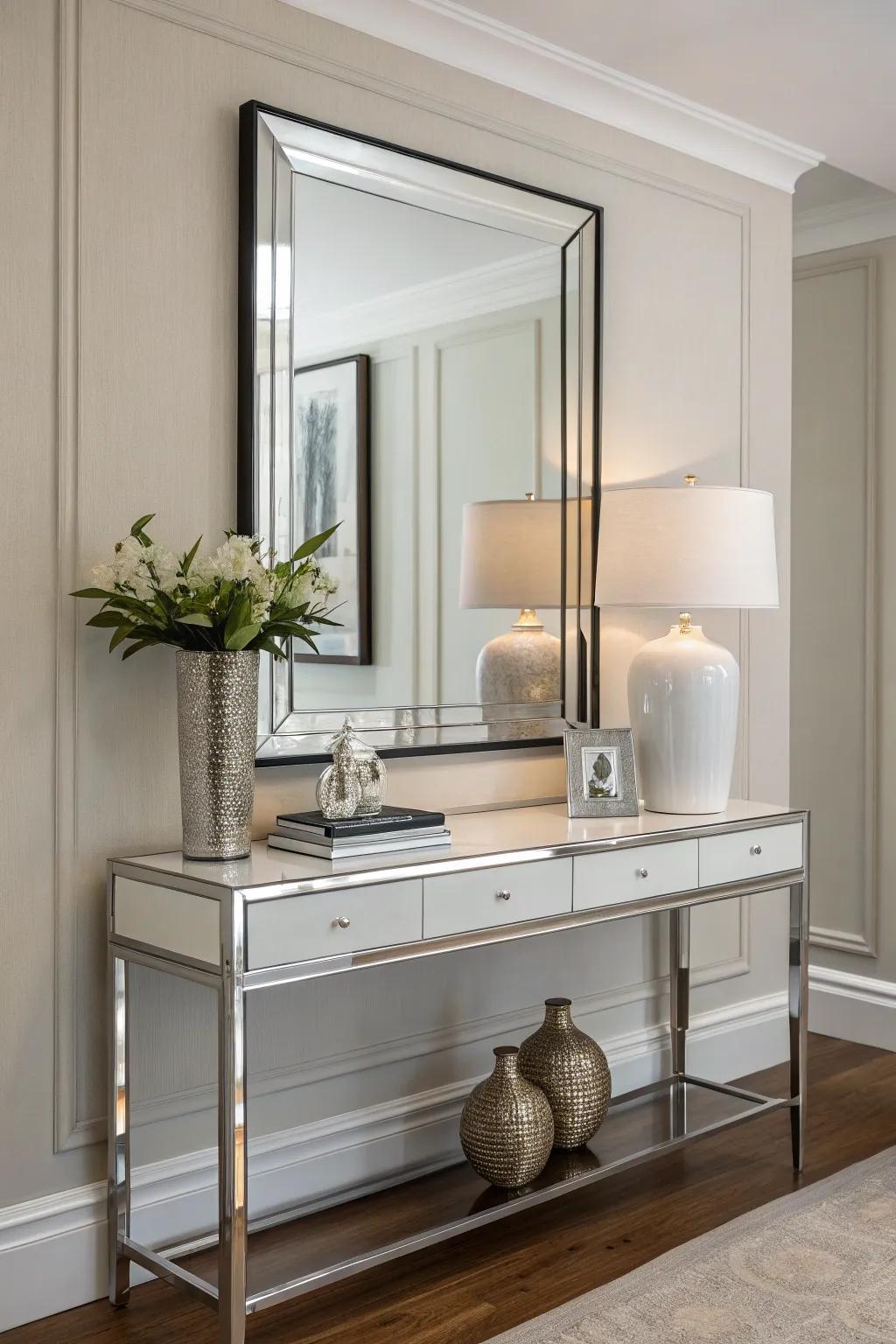 Frameless mirrors add a sleek, modern touch.