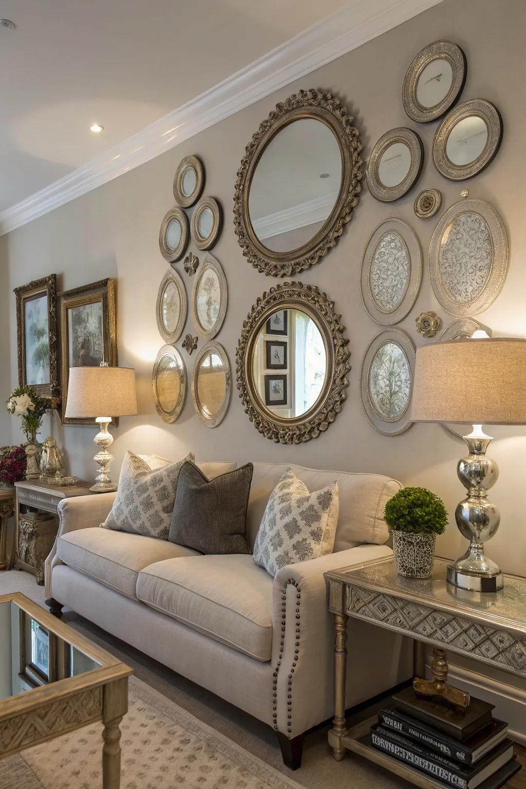 Layered mirrors add depth and sophistication.