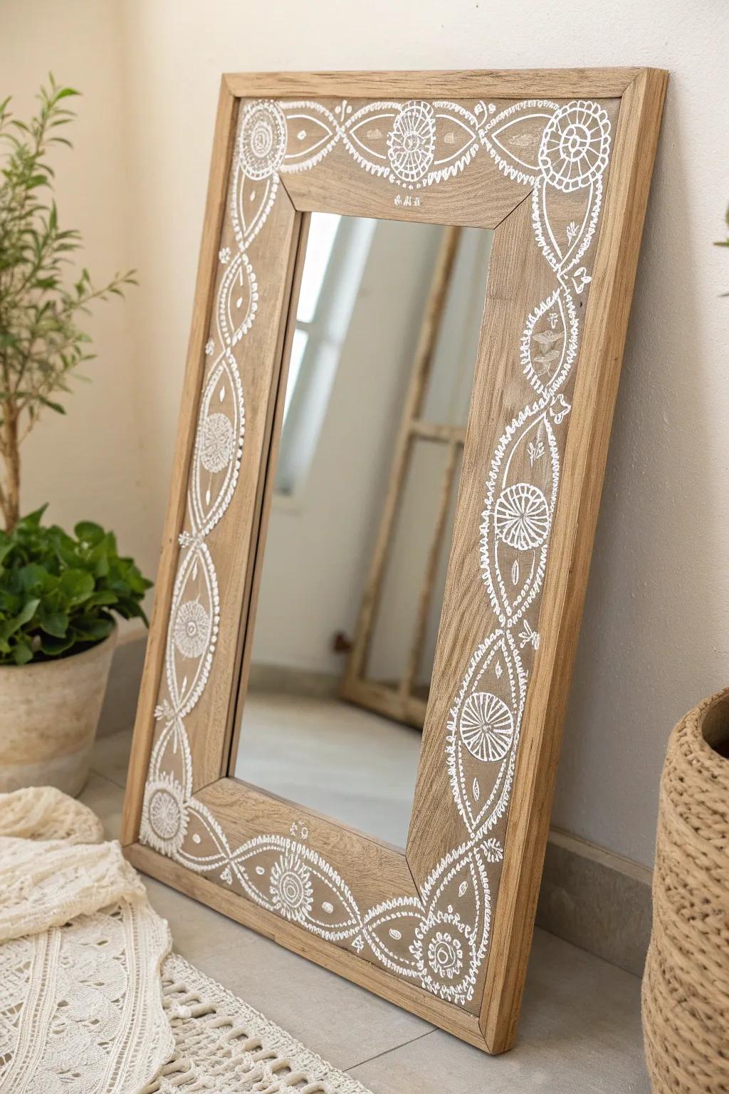 Transform your mirror into a piece of art with elegant etching for a touch of sophistication in any room.