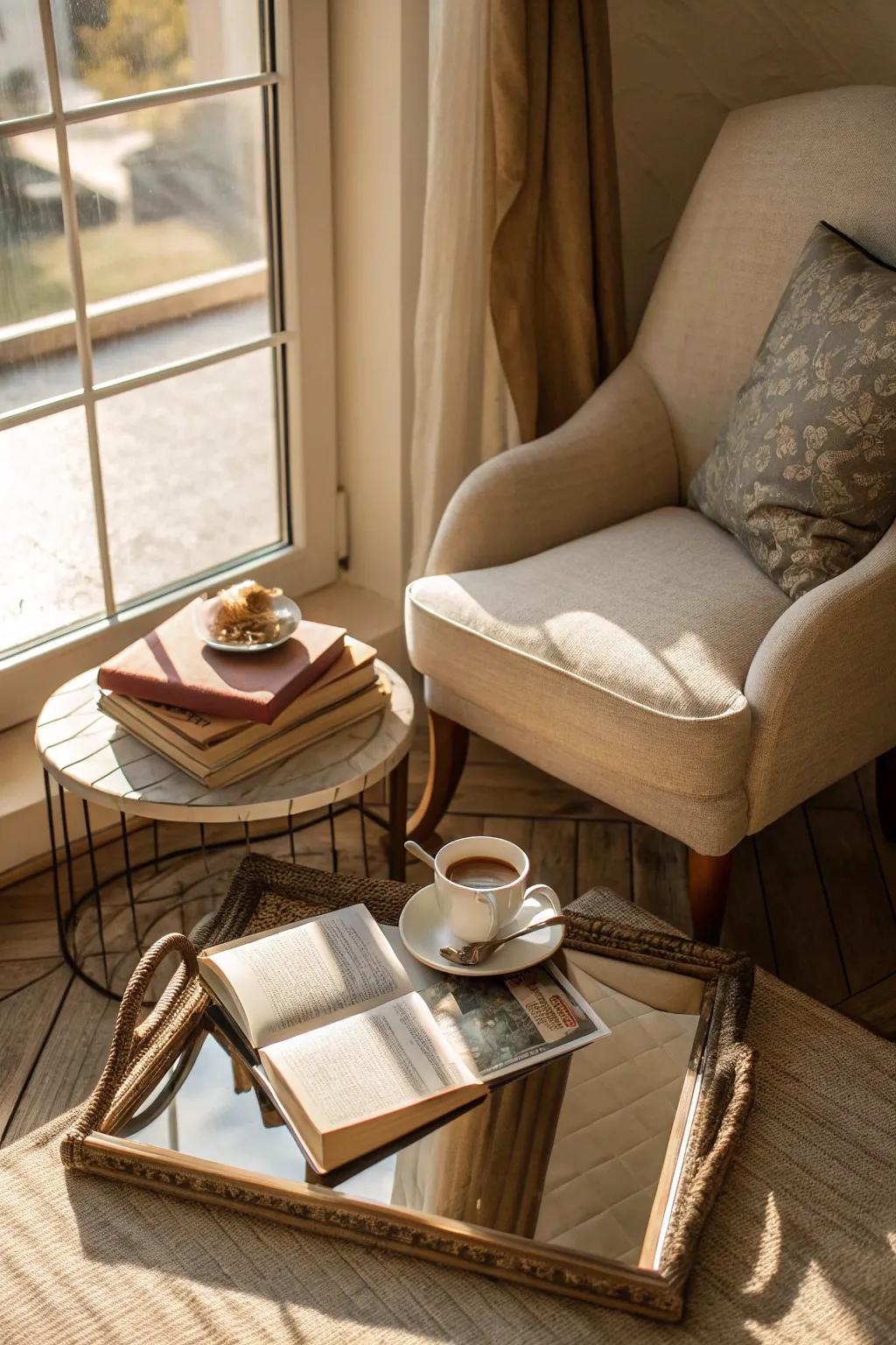 A mirror tray adds warmth to your reading nook.