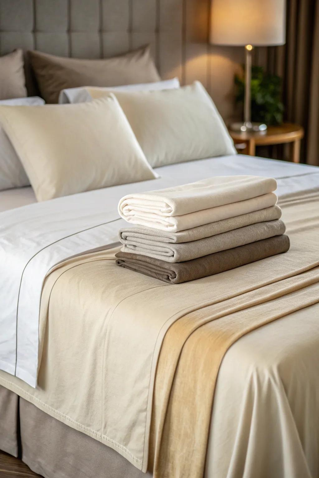 Sophisticated monochromatic bedding creates depth and harmony.