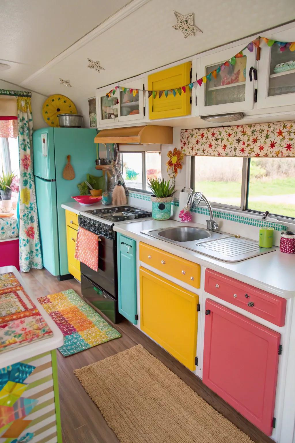 A mobile home kitchen with lively and colorful accents.