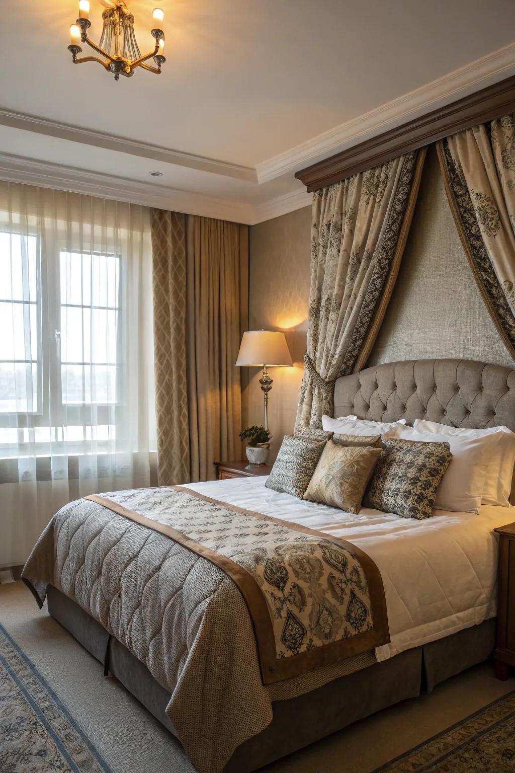 Textures add depth and elegance to the bed and window setup.