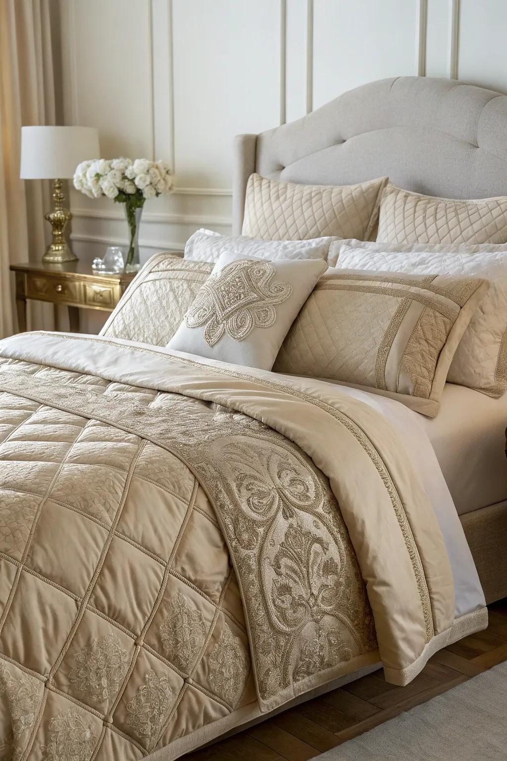 Beige bedding offers a calming and inviting touch.