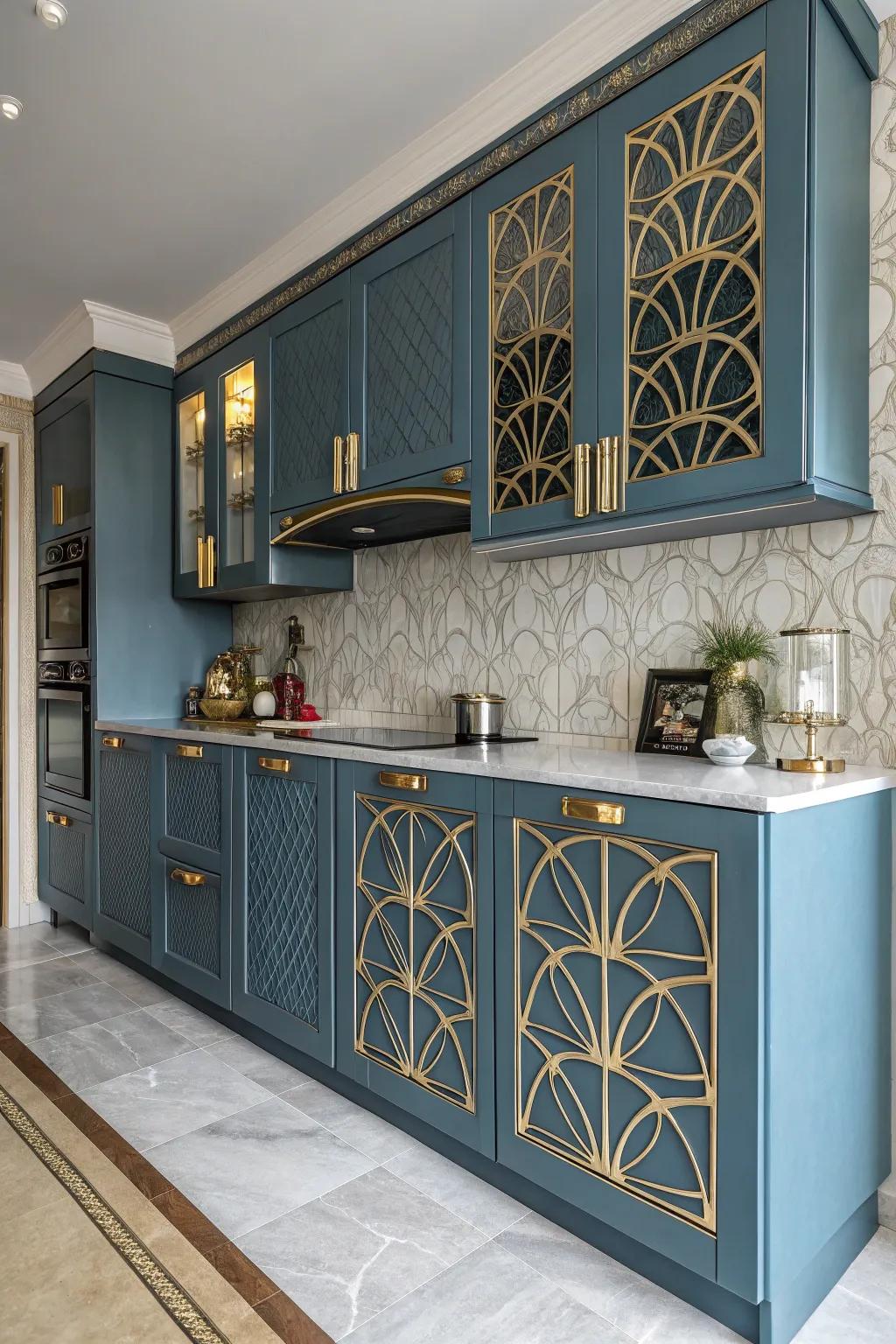 Art deco blue cabinets add a touch of vintage luxury to this kitchen.