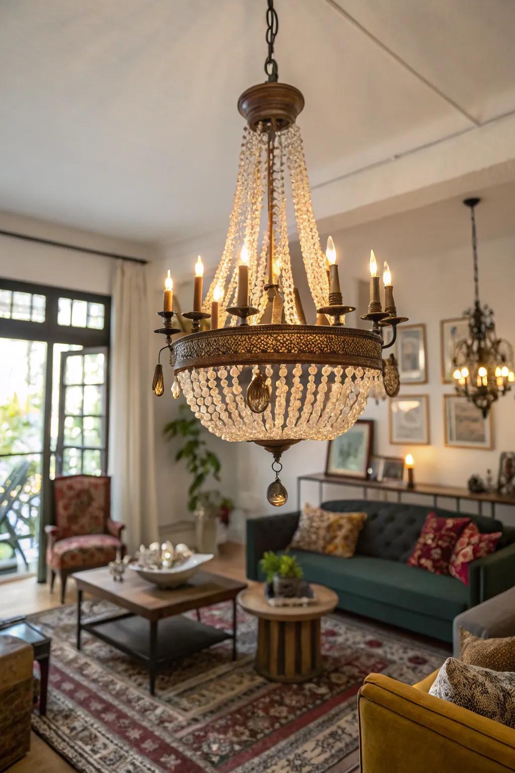 Vintage-inspired chandeliers add timeless elegance.