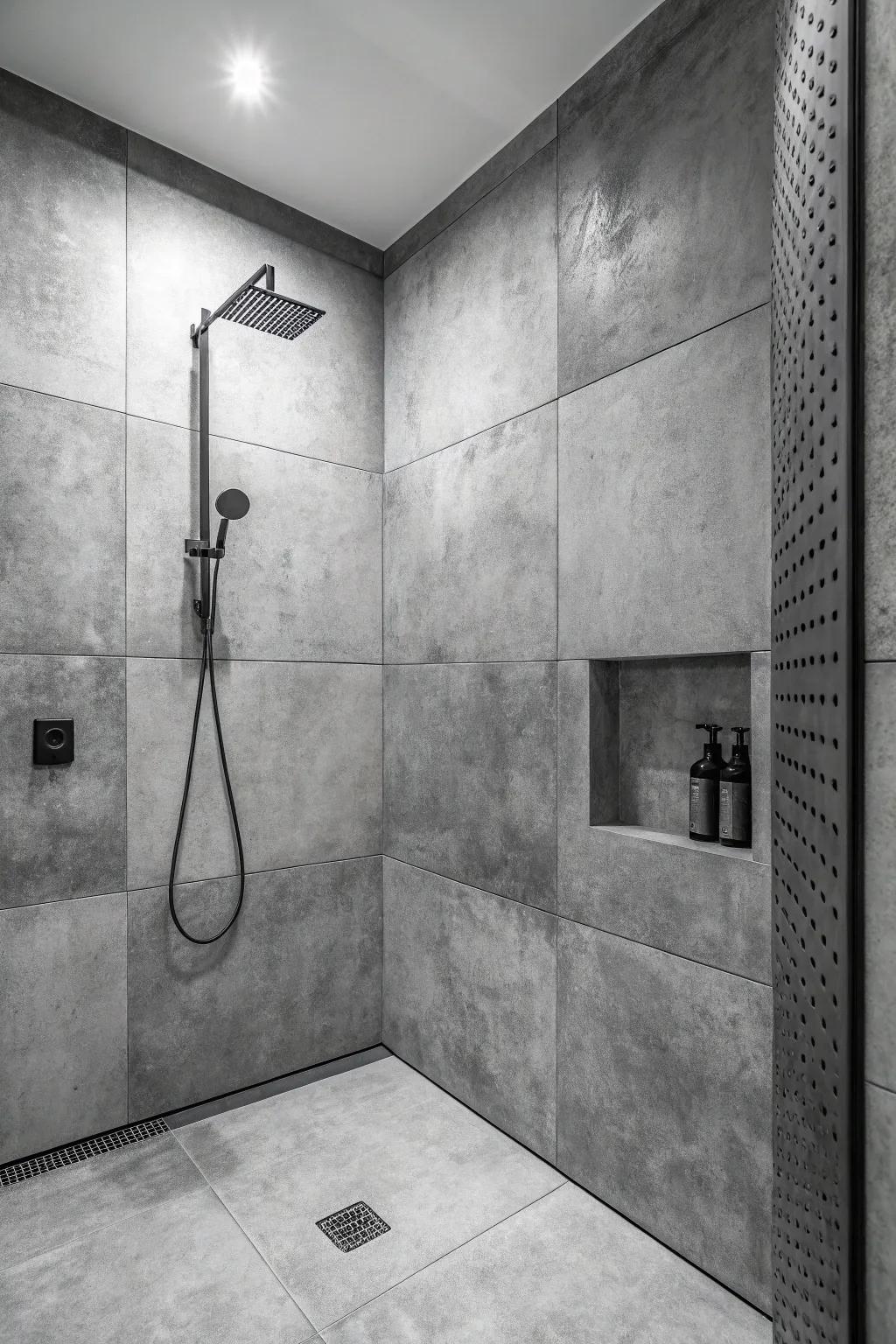 A monochrome concrete shower showcasing varying shades of gray.