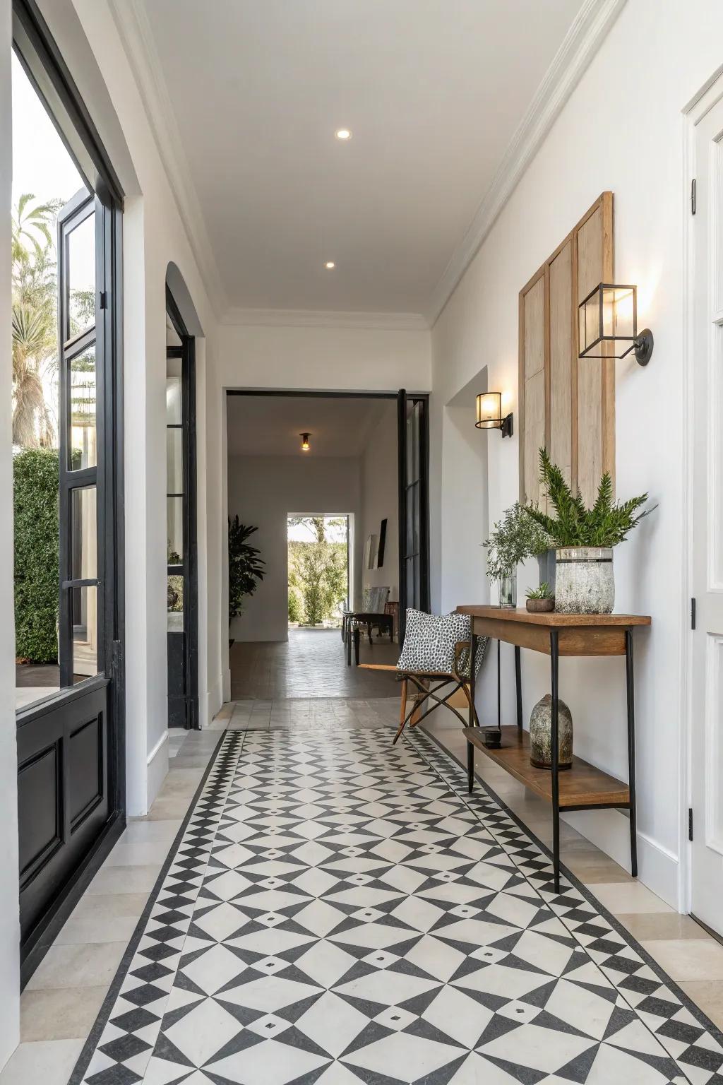 Monochrome tiles offer sleek minimalism in this serene entryway.