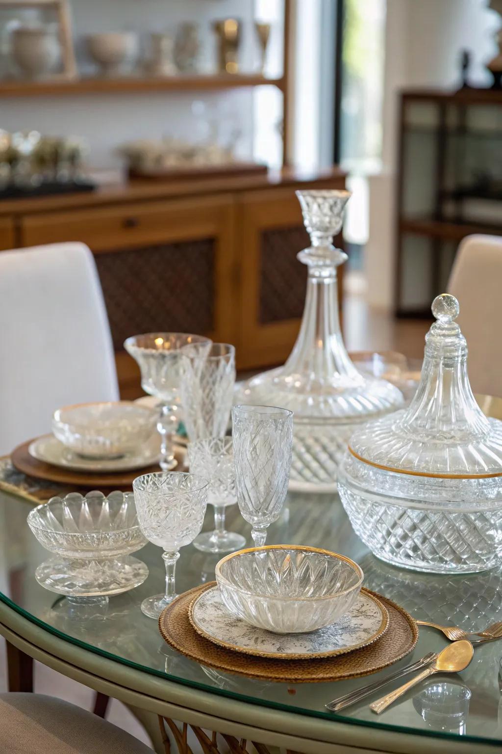 Personal collections, like vintage glassware, add character to a glass dining table.