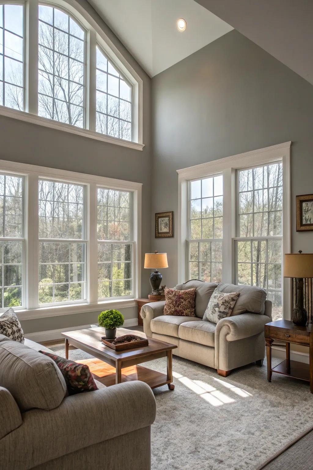 Natural light enhances the beauty of medium gray walls in this living room.