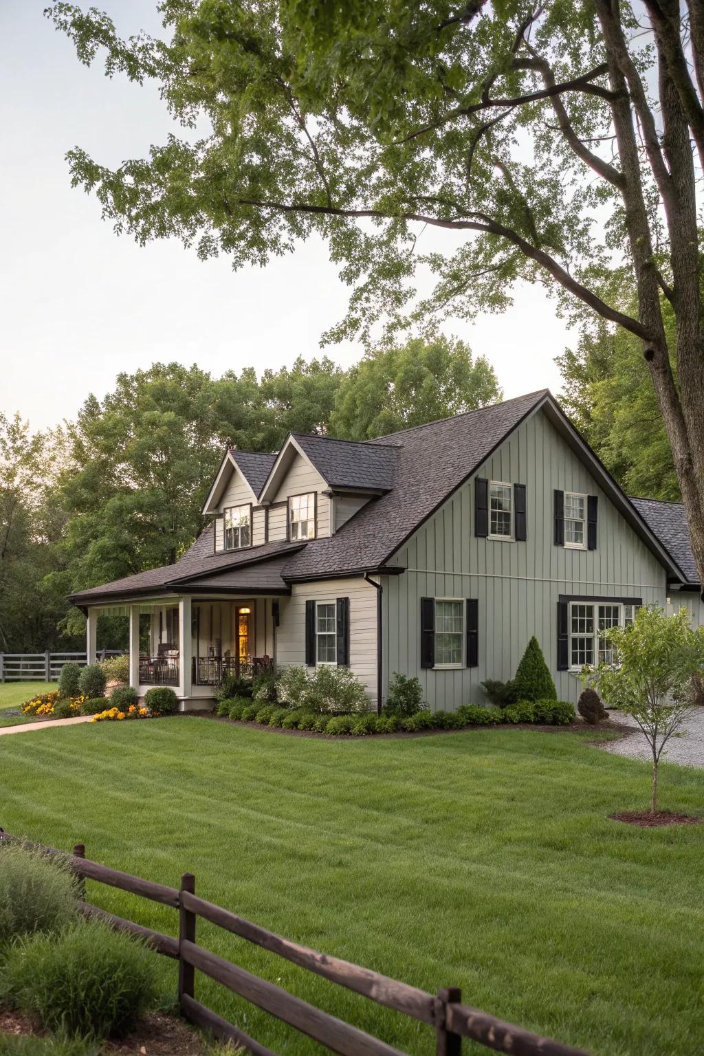 A ranch-style home with warm grey tones and black trim, exuding coziness.