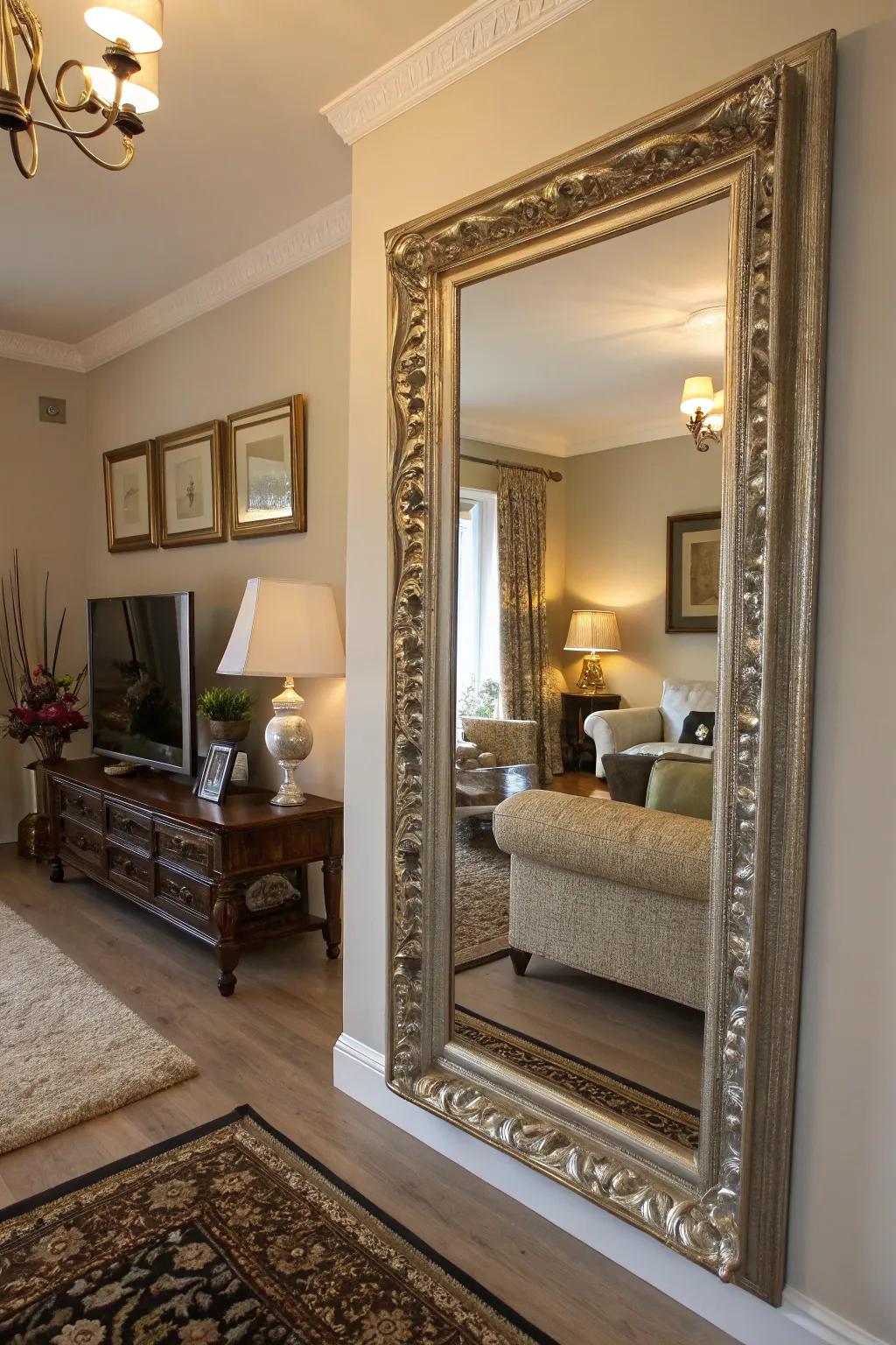 Decorative mirrors enhance the feeling of space and add elegance to the living room.