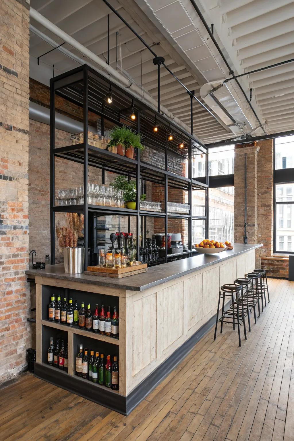 An urban loft L-shaped bar with industrial elements.