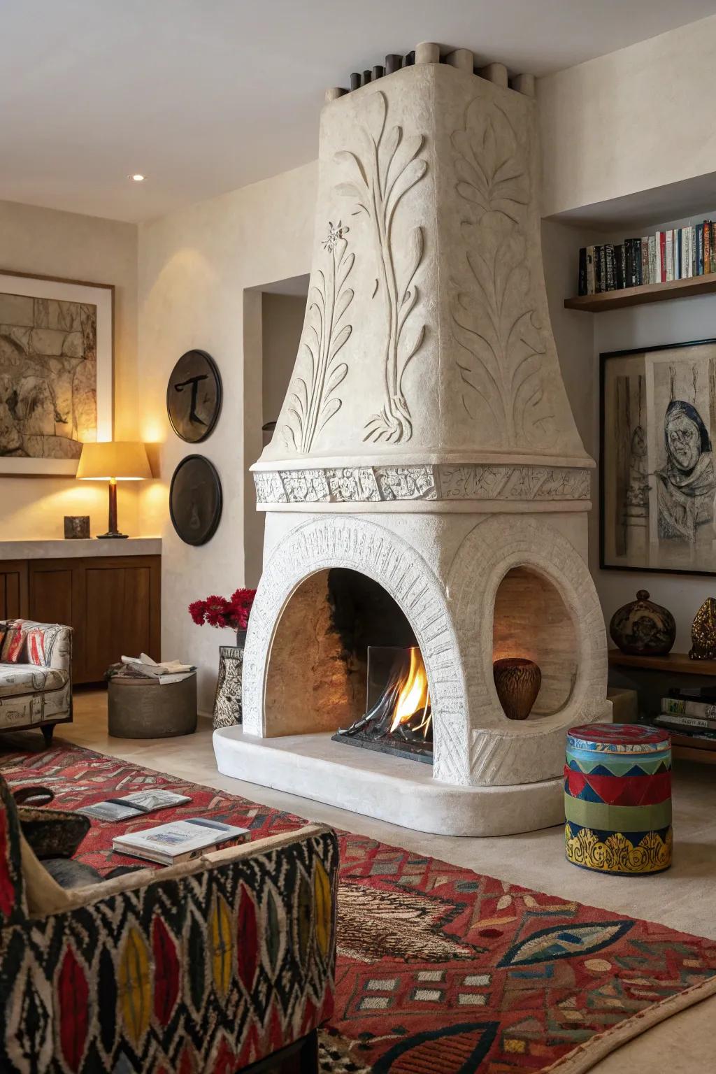 A sculptural plaster fireplace can serve as a stunning piece of art.