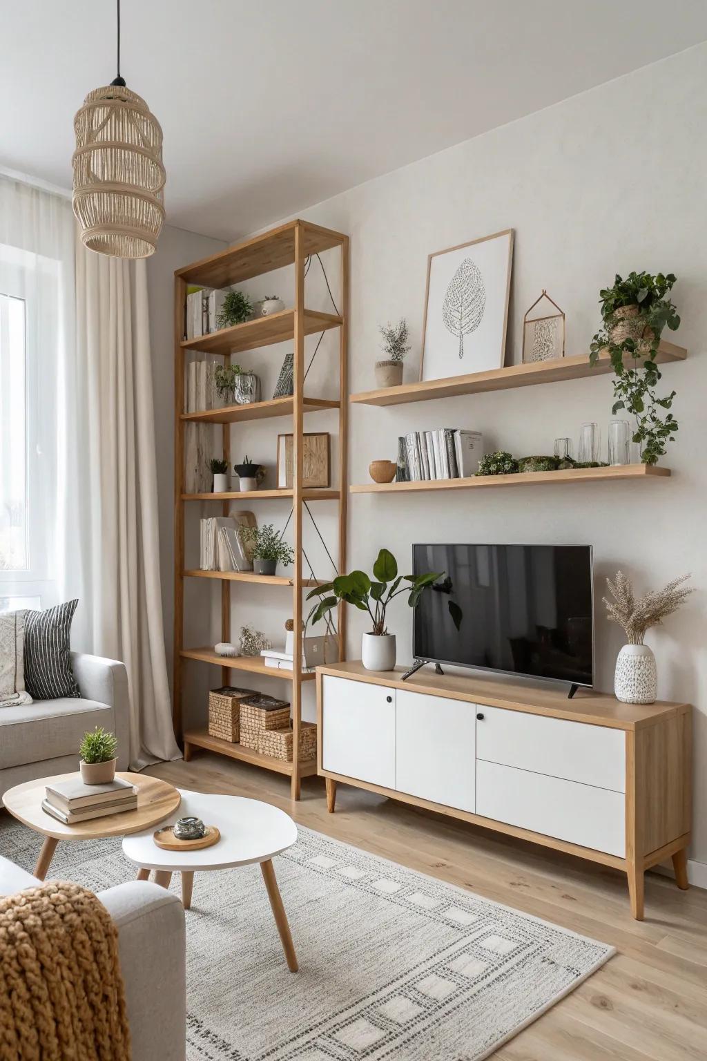 Scandinavian shelves offer simplicity and elegance.