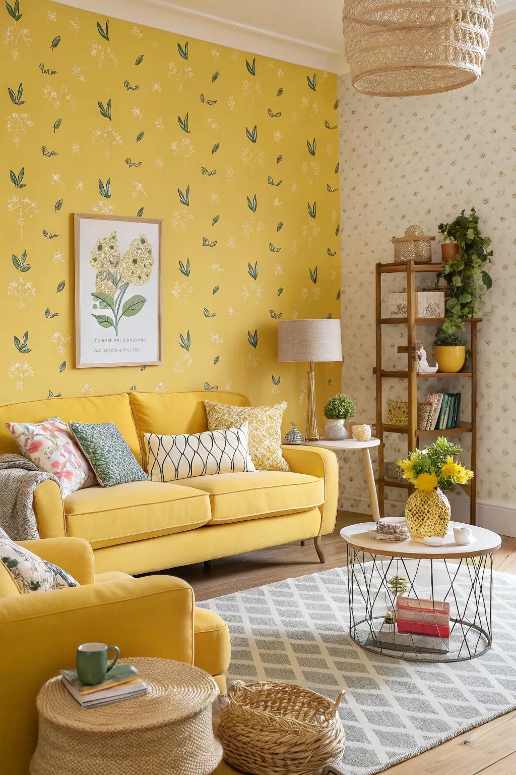 Playful yellow wallpaper adds vibrancy and modernity to the living room.